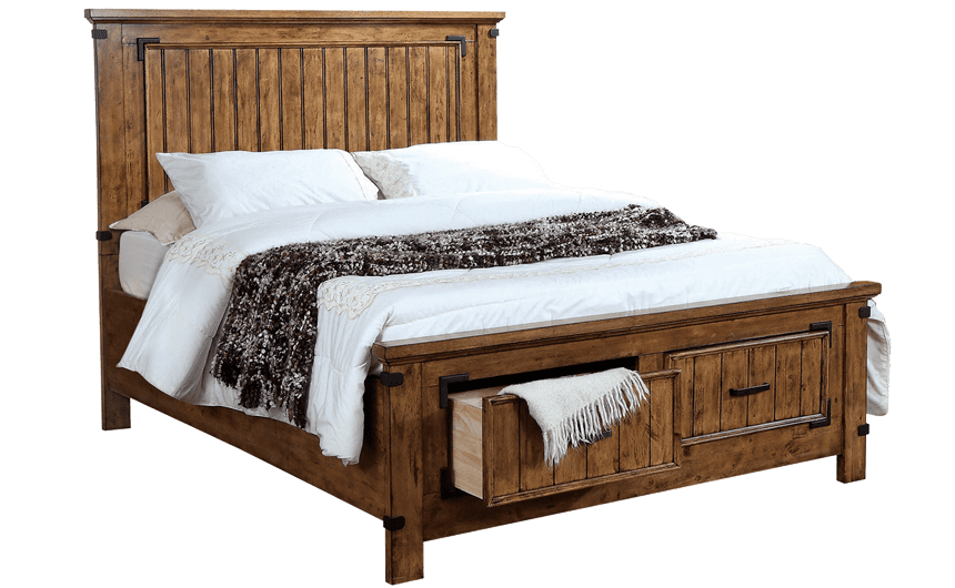 Rice Furniture & Design Center | wood bed with a tall headboard and black and white bedding with built-in drawers Rice Furniture & Design Center | wood bed with a tall headboard and black and white bedding with built-in drawers